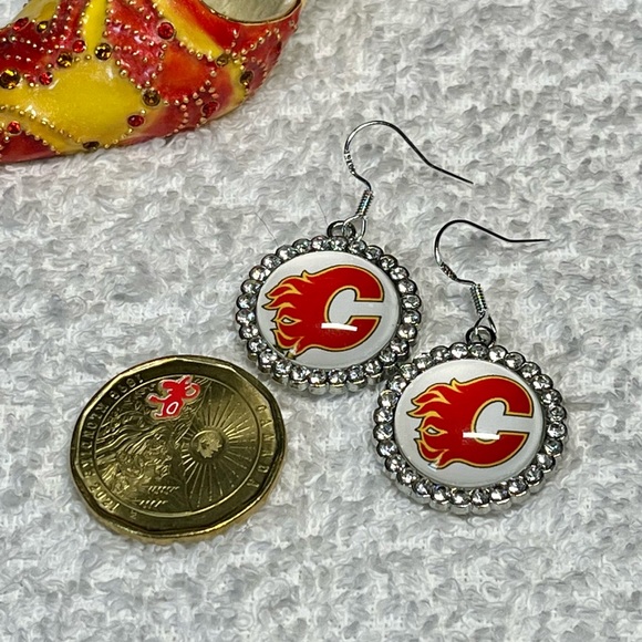 Flames hockey earrings -sterling silver hooks - Picture 7 of 8